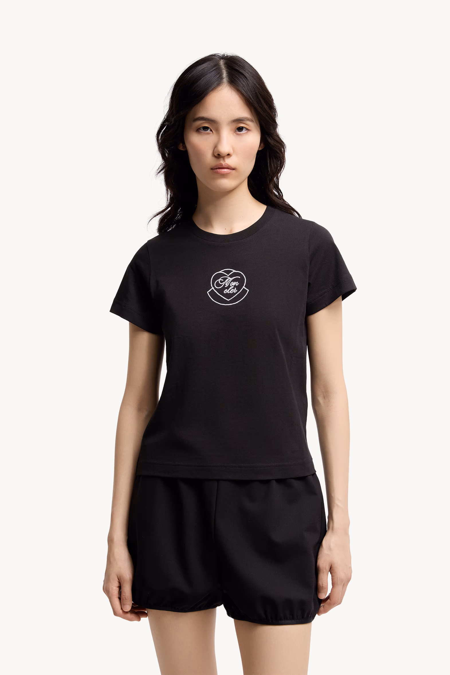 Embroidered Heart Logo Cotton T-Shirt Women Black Moncler 3